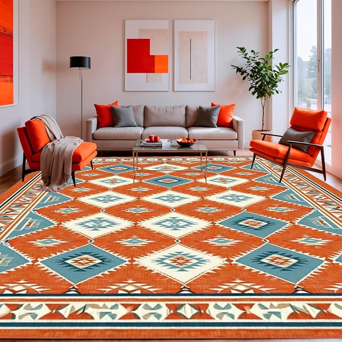 Flatwoven High Traffic Area Rug 5x7, Timeless Southwestern for Eclectic, Non Slip, Stain Resistant, Washable Area Rugs for Living Room, Bedroom (Orange, 5x7)
