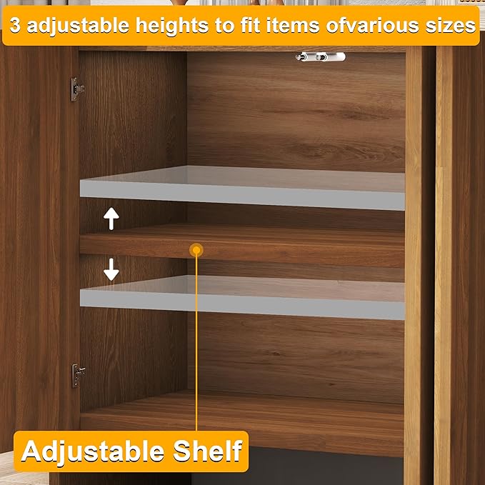 63" Sideboard Buffet Cabinet with Storage, 4 Door Solid Wood Veneer Sideboard Modern Arched Accent Cabinet with Adjustable Shelves, Large Credenza for Living Room,Kitchen,Entryway(Brown)