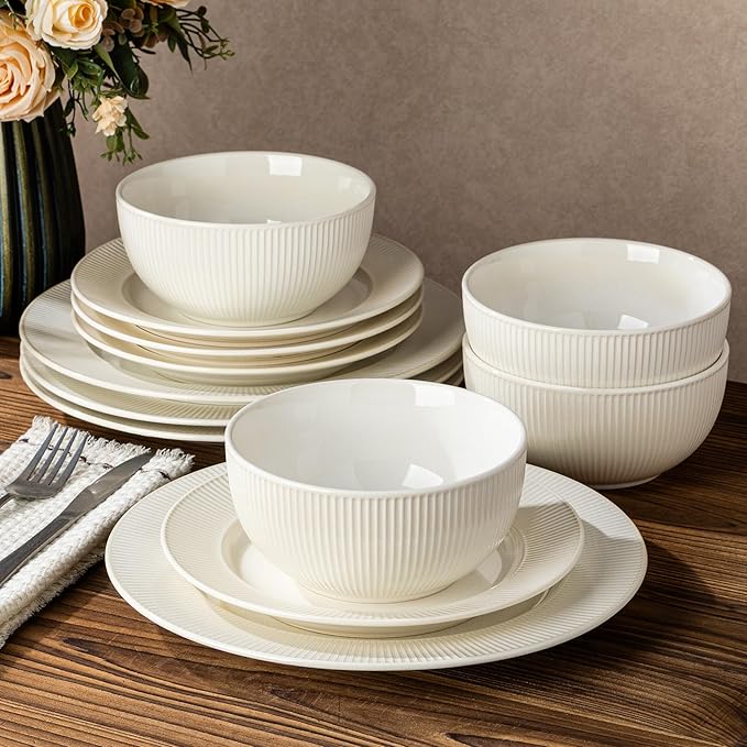 TheTerra Stoneware Dinnerware Sets for 4, 12 Pieces Ceramic Plates and Bowls Sets, Scratch Resistant Embossed Dish Set, Oven, Microwave & Dishwasher Safe, Reactive White