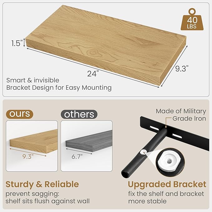 24"W x 9.3"D Floating Shelves for Wall, Wall Mounted Bathroom Shelves 2 Pack Deep Floating Shelf for Bedroom Kitchen Living Room, Rustic Wooden Wall Shelf with Invisible Bracket for Books Decor