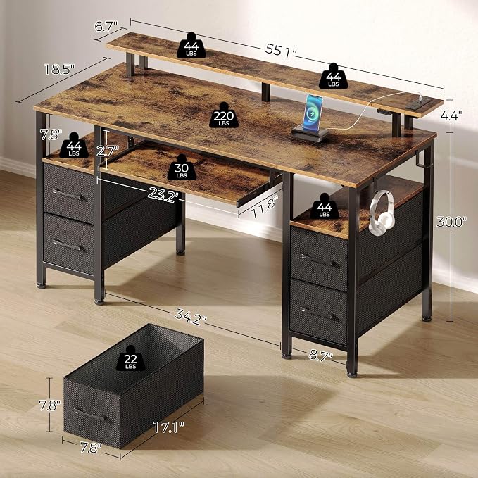 Seventable Computer Desk 55.1" with LED Lights & Power Outlets, Home Office Desk with 4 Drawers, Writing Desk with Keyboard Tray, Study Table with Monitor Stand, Work Table for Office, Rustic Brown
