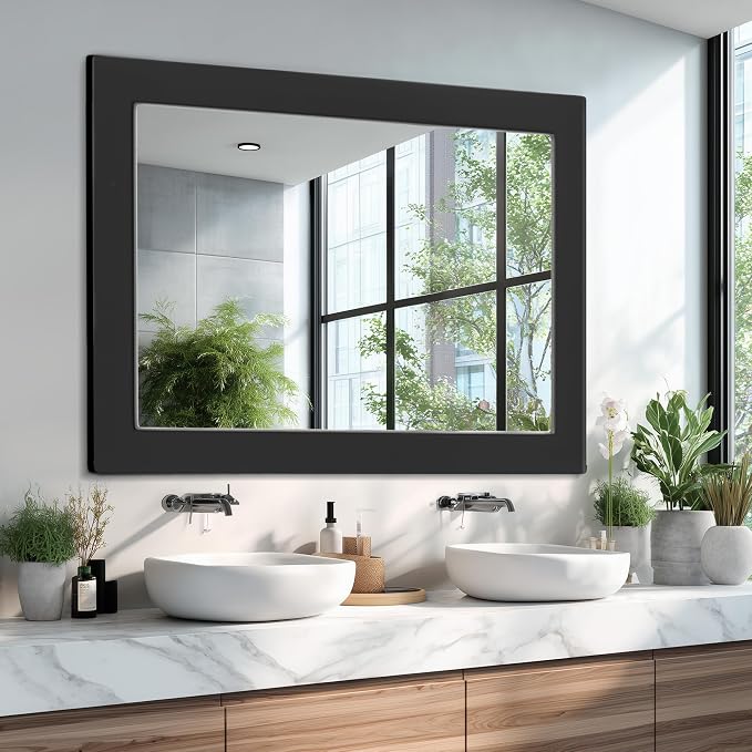 54''x36'' Rustic Wall Mirror for Bathroom Black Wood Frame, Classic Rectangle Mirror Farmhouse Vanity Wall Mirror Decor Living Room, Bedroom, Entryway