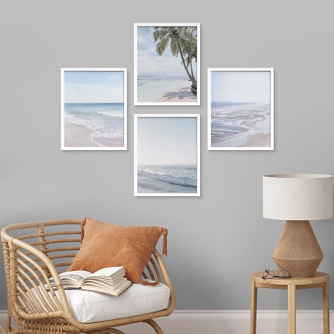 SIGNWIN Framed White Pastel Tropical Island Ocean Beach Shore Wall Art, Set of 4 Landscape Colorful Wall Decor Prints, Nature Wilderness Wall Décor for Living Room, Bedroom - 12"x16" White
