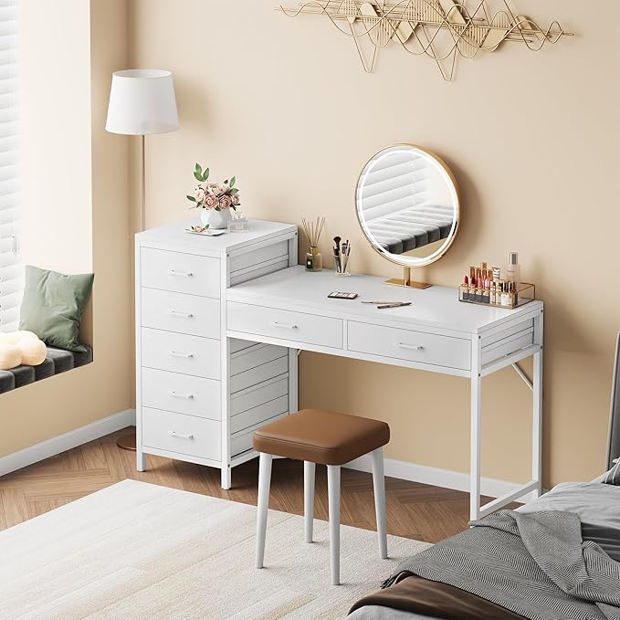 Computer Desk with Reversible Drawer, 55 inch Home Office Desks with 7 Drawers, Modern Compact Study Writing Table Workstation with Storage for Small Spaces, All White