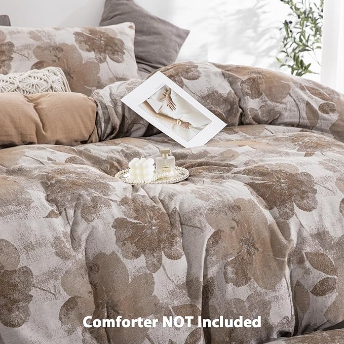 Brown Floral 100% Cotton Duvet Cover King Size, Luxury Percale Bedding Set for All Seasons - 1 Patterned Duvet Cover 104x90 Inches with Zipper Closure, 2 Pillowcases