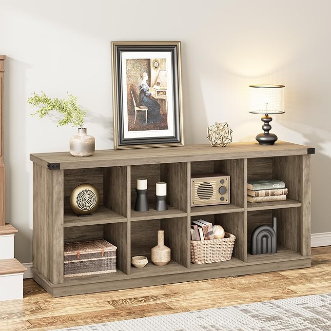 GarveeHome 8 Cube Storage Organizer Bookshelf, Farmhouse Horizontal Bookcase, 62 in Wood Storage Bookcase for Entryway, Long Low Bookshelves for Living Room (Grey, 8 Cube)