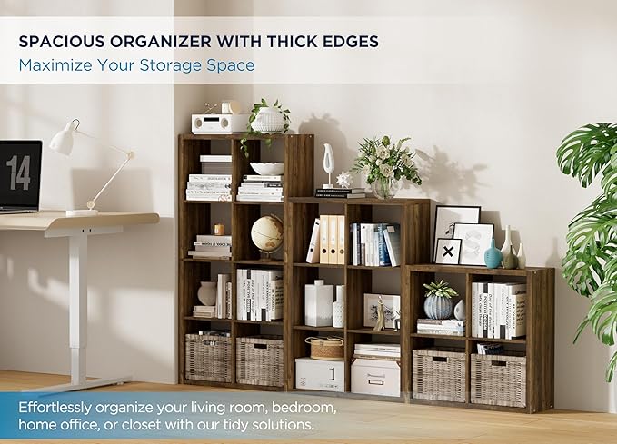 4 Cube Storage Organizer Single Row, Cube Shelf with Heavy-Duty Thick Boards, 13.31" L x 9.37" W x 48.82" H, Smooth Easy-Clean Panels, Simple Assembly, for Living Room Bedroom Office, Brown