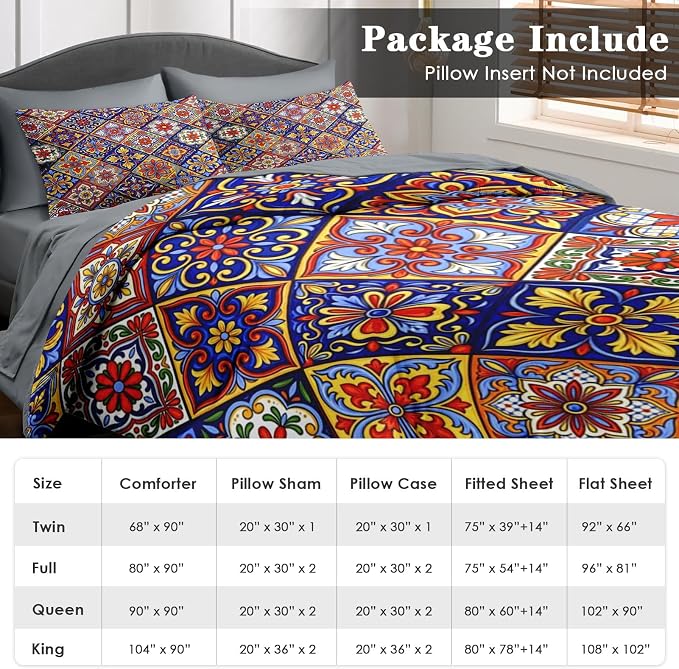 Pamnest Comforter Set Full Size, Mexican Talavera Ceramic 7 Pcs Bedding for Kids and Adults, Italian Spanish Bed Sheet Sets with Fitted Sheet 2 Pillowcases & 2 Shams for Bedroom Bed Decor