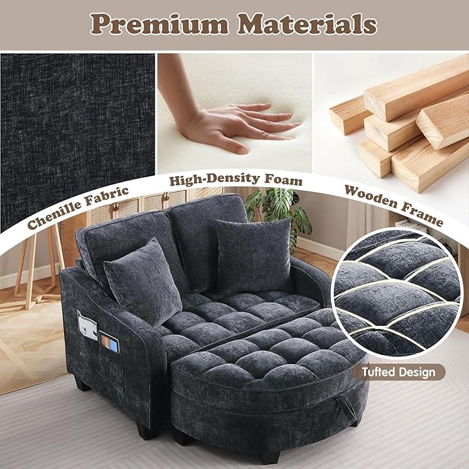 Oversized Chaise Lounge Chair Indoor with Ottoman, Chenille Tufted Comfy Loveseat Sofa Chair with Adjustable Backrest, Fluffy Recliner Sofa, Convertible Sleeper Couch Bed for Living Room(51"W, Black)