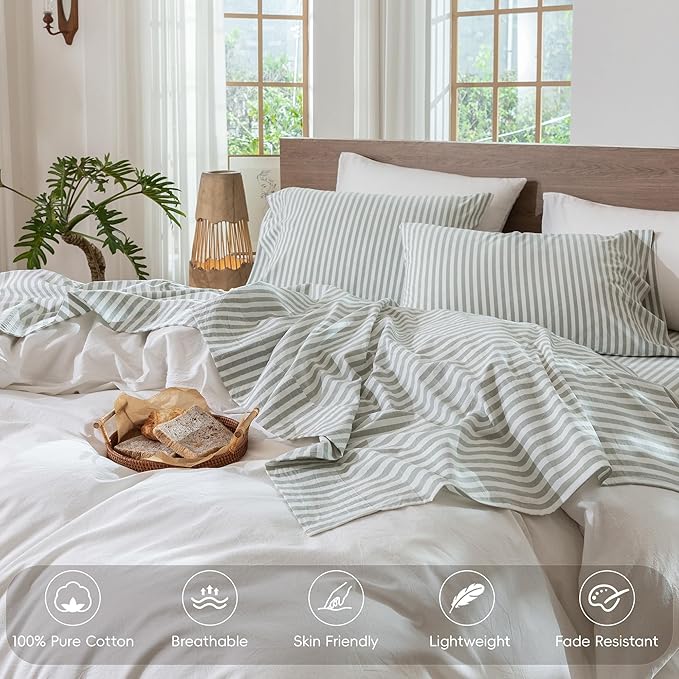 MooMee Striped Sheet Set 100% Washed Cotton Linen Like Textured Breathable Durable Soft Comfy (Sage Green White Classic Stripes, King)
