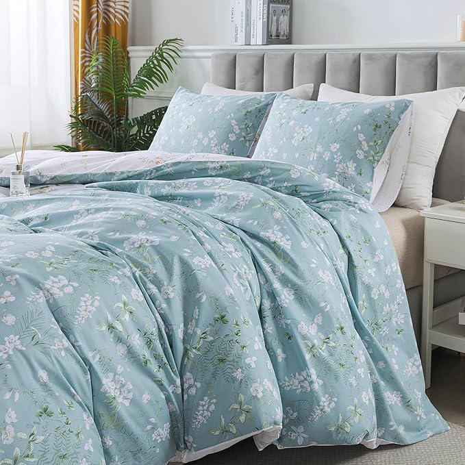 HoneiLife Wildflower Duvet Cover King - 100% Cotton Comforter Cover Sets, Botanical Duvet Cover Sets 3-PC, Floral Bedlinen Set with Zipper Closure & Corner Ties