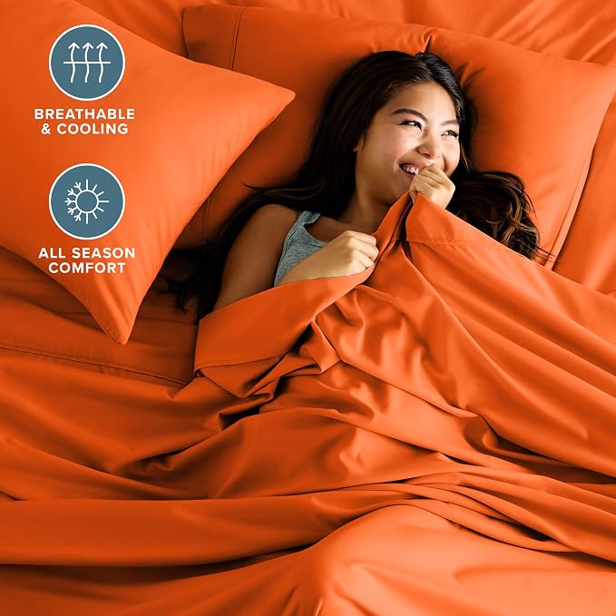 Bare Home Queen Sheet Set - 1800 Ultra-Soft Microfiber Queen Bed Sheets - Double Brushed - Deep Pockets - Easy Fit - 4 Piece Set - Bedding Sheets & Pillowcases (Queen, Orange)