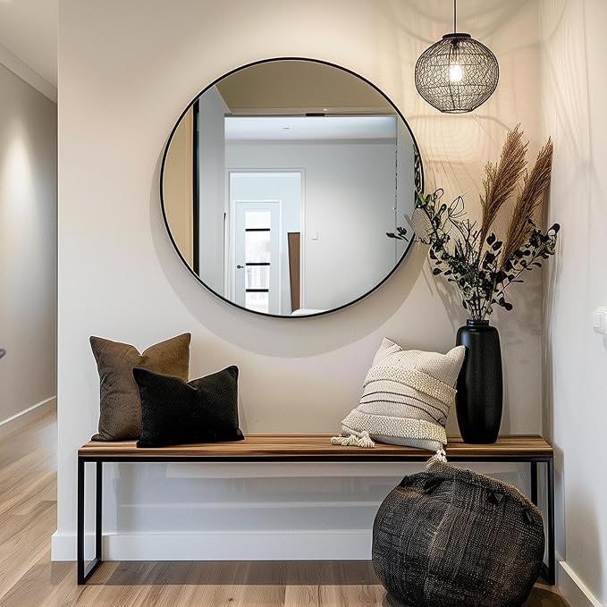 Sunniry Black Round Mirror, Round Mirror 24 inch, Black Circle Mirrors Matte Metal Frame, Wall Mounted Mirrors for Living Room, Bathroom, Wall, Entryway.