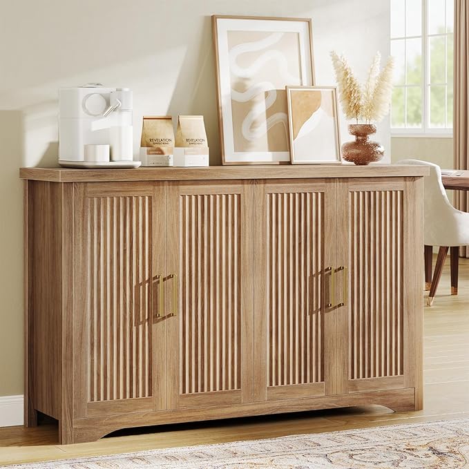 Memobarco Fluted Buffet Cabinet with Storage Accent Sideboard,Modern Credenza with 4 Doors & Adjustable Shelves,Wood Coffee Bar Table Console for Dining Room Kitchen Living Room Entryway,Natural Oak