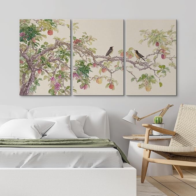 wall26 Canvas Print Wall Art Set Watercolor Fruit Tree Branch with Birds Botanical Decorative Minimal Relax/Zen for Living Room, Bedroom, Office - 16"x24" x 3