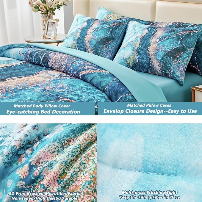 PERFEMET 6 Pcs Teal Marble Comforter Set Queen Watercolor Marble Printed Quilt Set Luxury Retro Artwork Style Gold Bed in A Bag Complete Set(Teal, Queen)