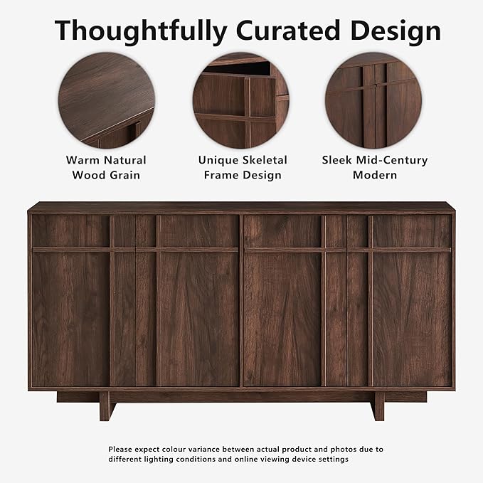 Sideboard Buffet Cabinet with Storage, Mid Century Modern Accent Cabinet with Skeleton Line & Wood Grain Texture,Minimalist Geometric Credenza for Living Room, Kitchen and Entryway, Walnut
