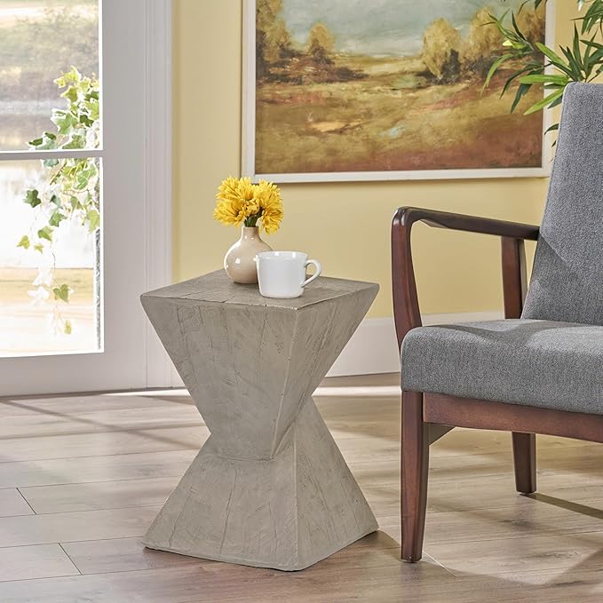 ø12.5'' Square Hourglass Side Table End Table for Living Room, Modern Retro Style, Magnesium Oxide & Light Weight for Indoor & Outdoor, No Assembly, Wood Grain, Light Gray