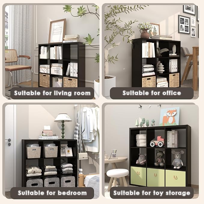 Endearing Limons【2026 Wooden Thick Border 9 Cube Shelf Storage Organizer with Anti-Tipping Kits + Reversible Open Back Bookcase (11 x 11 Unit Cell Chocolate)