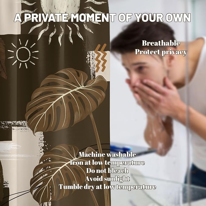 Dark Brown Mid Century Modern Shower Curtain Boho Abstract Khaki Earth Tone Shower Curtains for Bathroom Decor Sets, Waterproof Cloth Fabric with Hooks, 48 x 72 Inch