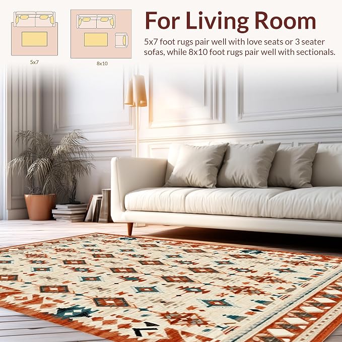 Flatwoven High Traffic Area Rug 6x9, Southwestern Aztec with Detailing, Non Slip, Stain Resistant, Washable Area Rugs for Living Room, Bedroom (Beige, 6x9)