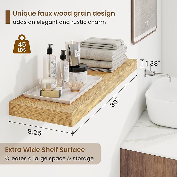 30in Floating Shelves for Wall, 30"W x 9.25"D x 1.25"H, 2 Pack Long Wall Mounted Engineered Wood Shelves with Invisible Brackets for Living Room, Bedroom, Bathroom, Kitchen Decor and Storage, Oak
