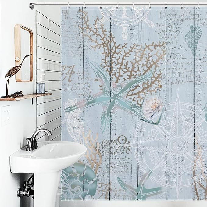 Blue Nautical Coastal Shower Curtains,Vintage Marine Coastal Sailboat Compass Anchor Ocean Beach Theme Bathroom Curtain Waterproof Fabric Machine Washable with Hooks,72x78Inch