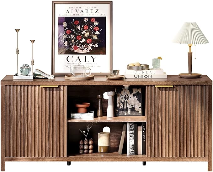 VINGLI 57.8" Fluted TV Stand for TVs up to 70 Inch, Mid-Century Modern Entertainment Center with Adjustable Shelves & Cabinet Storage, Natural Wood TV Stand for Living Room, Walnut