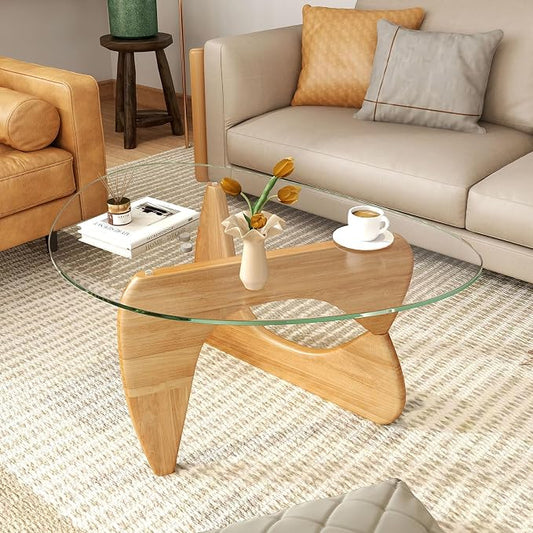 Tangkula Triangle Glass Coffee Table, Mid-Century Modern Center Table with Tempered Glass Top & Adjustable Rubber Wood Base, Small Coffee Table for Small Spaces, Living Room & Reception Room (Natural)