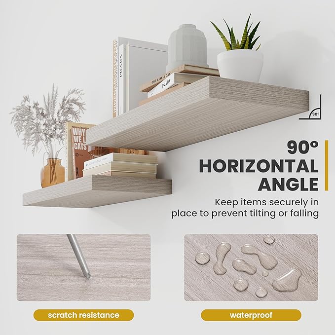 16 Inch Floating Shelves, 9.3" Deep Floating Shelf Wall Mounted, 16" Wall Shelves, Rustic Deep Bookshelf, Large Display Shelves & Storage Shelves for Bedroom, Living Room, Greige, Set of 2