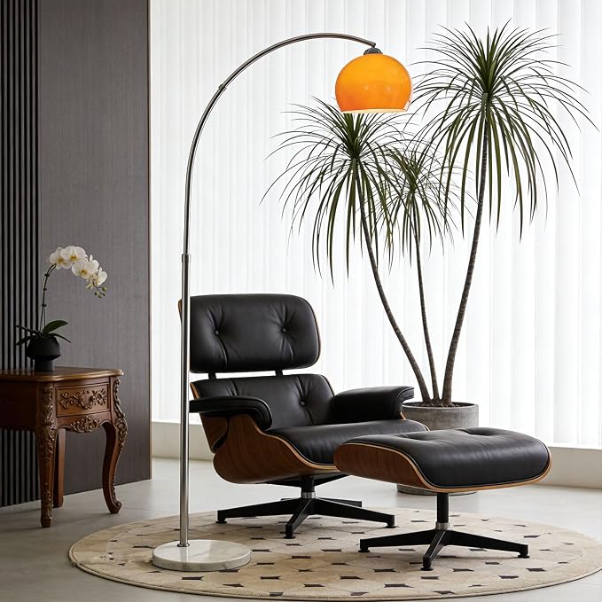 Orange Floor Lamp, Mid Century Modern Standing Lamp with Orange Glass Shade White Marble Base LED Floor Lamp for Living Room Bedroom Office Decor US Plug E27 Bulb Included (Acrylic)