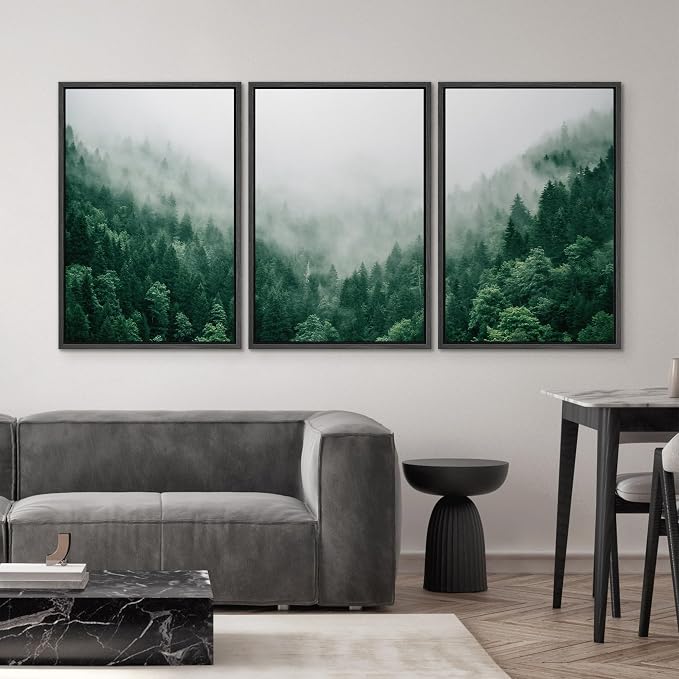 SIGNWIN Framed Canvas Print Wall Art Set Fog & Mist Mountain Forest Valley Nature Wilderness Photography Modern Art Rustic Landscape Relax/Calm for Living Room, Bedroom, Office - 16"x24"x3 Black