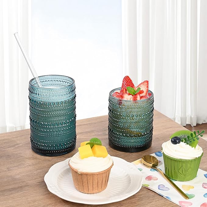 Vintage Hobnail Drinking Glasses Set of 8,Blue 12 oz & 15oz Highball Glass Cups,Kitchen Drinkware Glassware,Embossed Water Tumbler,for Beer,Cocktail,Whiskey,Juice and Various Mixed Drinks