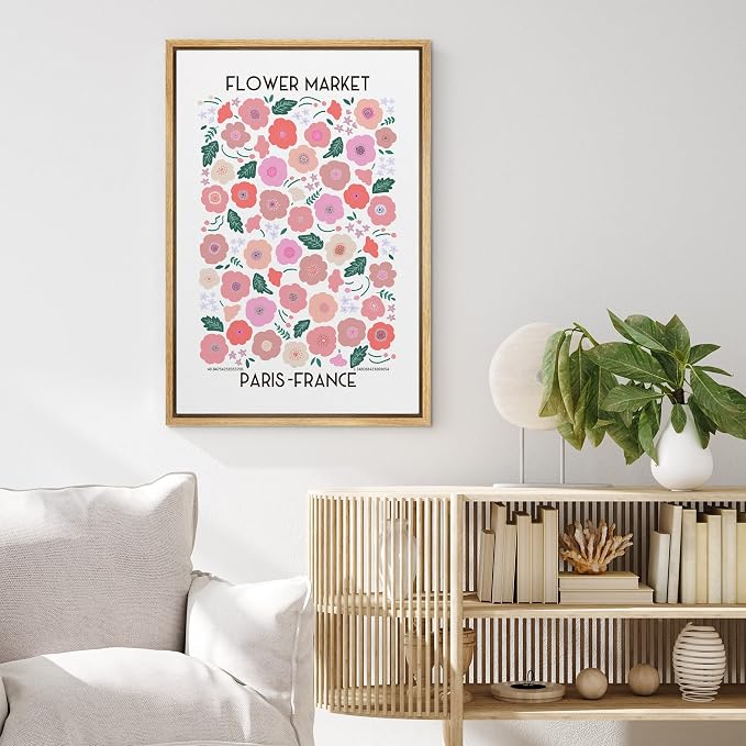 MUDECOR Framed Canvas Print Wall Art Paris France Pink, Red & Green Flower Market Floral Nature Illustrations Modern Art Chic Colorful Ultra for Living Room, Bedroom, Office - 16"x24" Natural