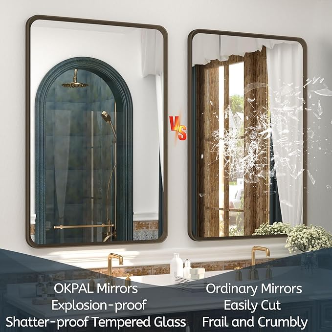 OKPAL 48X36 Bronze Framed Mirror, Bathroom Vanity Mirror with Brushed Metal Frame, Bronze Rectangle Bathroom Mirror, Round Corner, Anti-Rust, Shatterproof (Horizontal/Vertical)