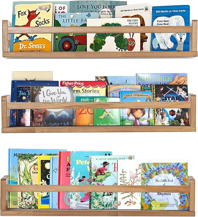 AZSKY Light Walnut Floating Shelves - Baby Nursery Decor Wall Book Shelves for Kids Room & Bathroom Decor - Set of 3, 24 Inch