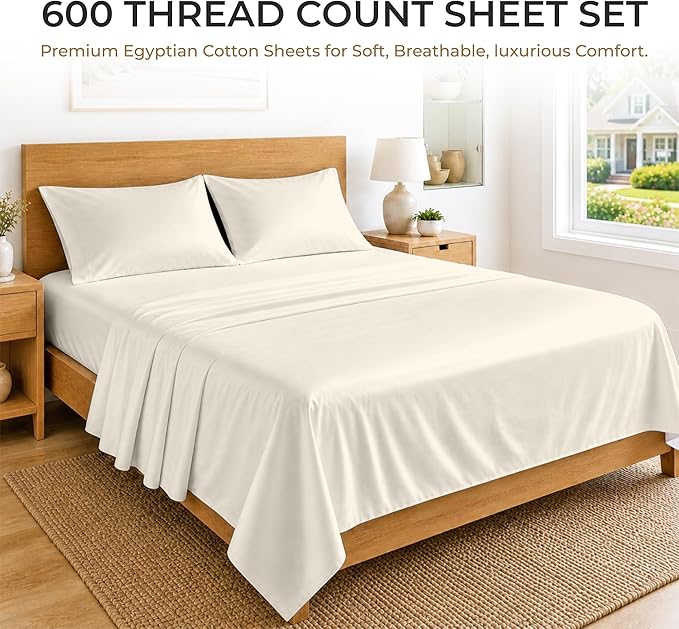 SGI bedding 100% Egyptian Cotton Sheets California King Size – 600 Thread Count Sheets Set, Soft, Cooling, 15" Deep Pocket, Luxury Hotel Bedding, Breathable, Durable - Butter