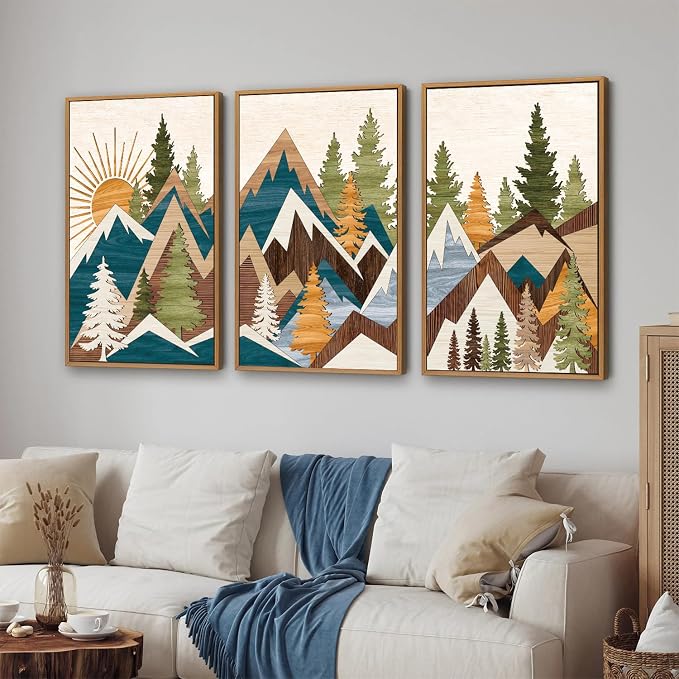 Tinonedraw Large Mountain Framed Canvas Wall Art, Boho Rustic Sunrise Forest Wall Decor, Vintage Woodsy Nature Art Painting, Modern Wilderness Trees Art Print for Living Room Bedroom Office 16"x24"x3