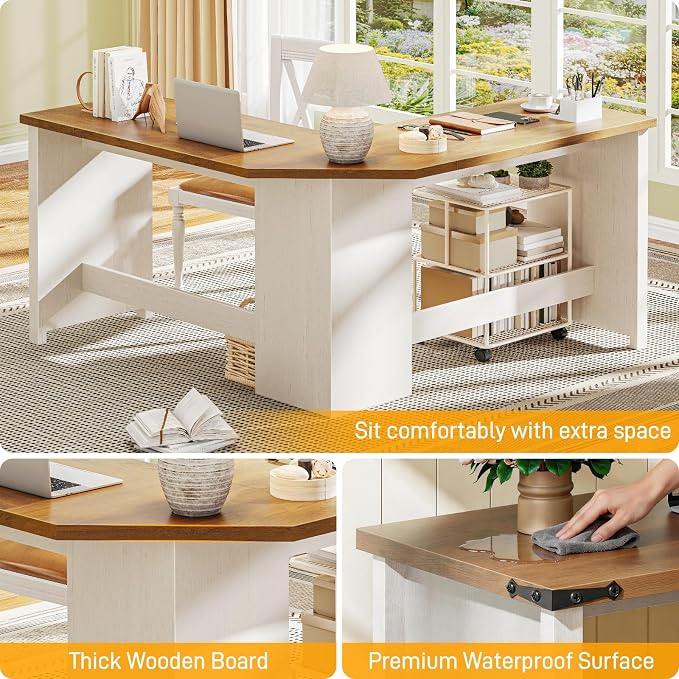 Vabches Farmhouse 50.39" L Shaped Executive Desk, Wood Corner Computer Desk for Home Office Work and Study, Sturdy Writing Workstation, Unique White