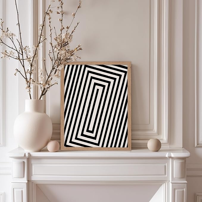 Poster Master Rectangle Tunnel Poster - Angular Swirl Print - Geometric Design - Abstract Design - Japanese Ink Art - Mid Century Modern Illustration - Living Room Decor - 8x10 Beige Framed