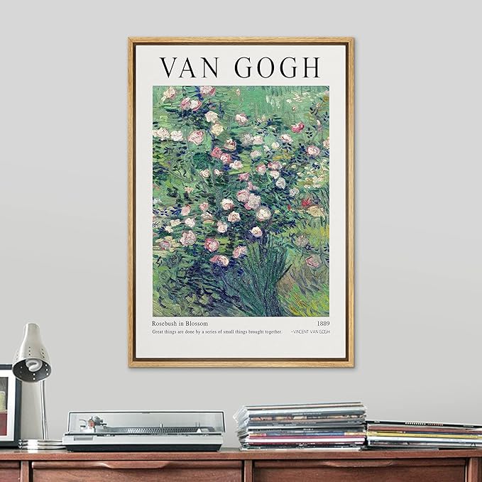 SIGNLEADER Framed Canvas Print Wall Art Rosebush in Blossom Van Gogh Botanical Brushstroke Illustrations Fine Art Traditional Colorful Multicolor for Living Room, Bedroom, Office - 24"x36" Natural