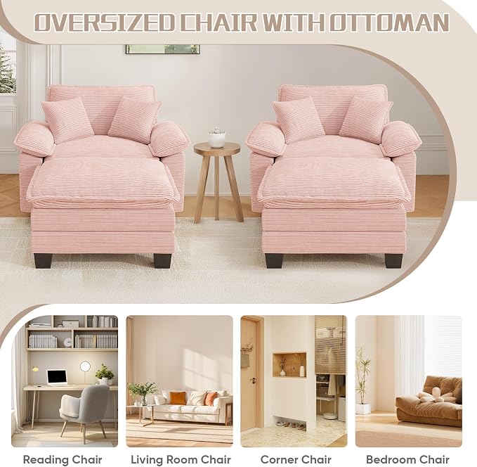 Chaise Lounge Chair Indoor, Oversized Accent Chairs with Ottoman, Luxury Corduroy Upholstered Deep Seat Sleeper Sofa Reading Chairs and A Half with Pillows for Living Room, Bedroom, Apartment, Pink