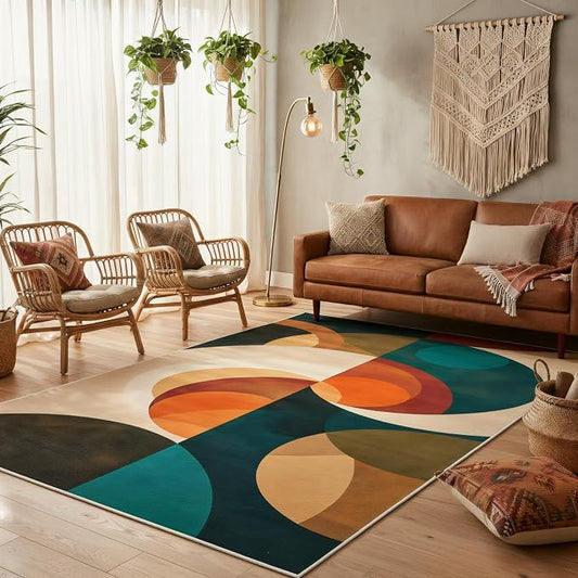 Mid Century Geometric Area Rug 6x8 – Retro Abstract Circle Pattern Rug for Living Room & Bedroom, Low Pile Washable Indoor Rug with Non-Slip Backing