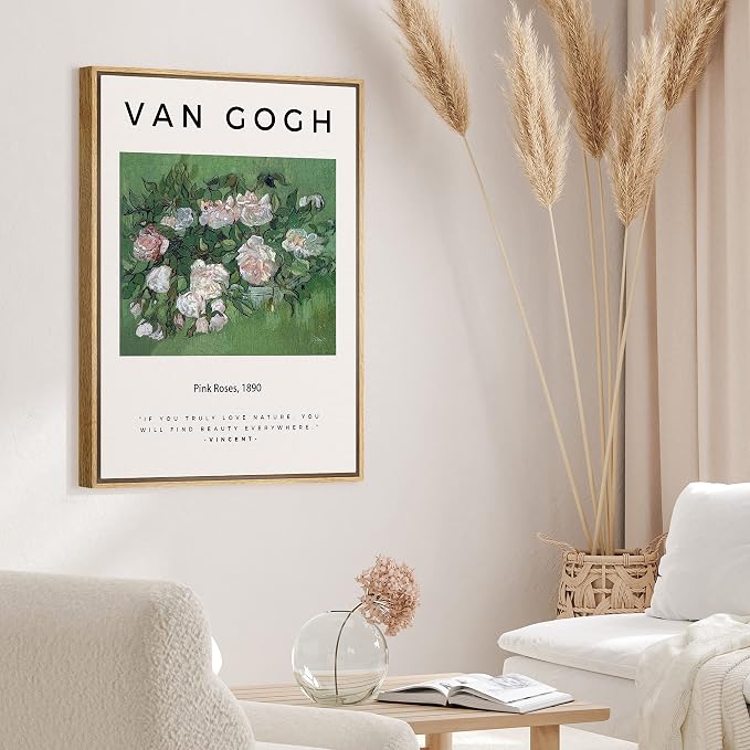 SIGNLEADER Framed Canvas Print Wall Art Van Gogh Pink Roses 1890 Decorative Brushstroke Illustrations Fine Art Colorful Multicolor Warm for Living Room, Bedroom, Office - 16"x24" Natural