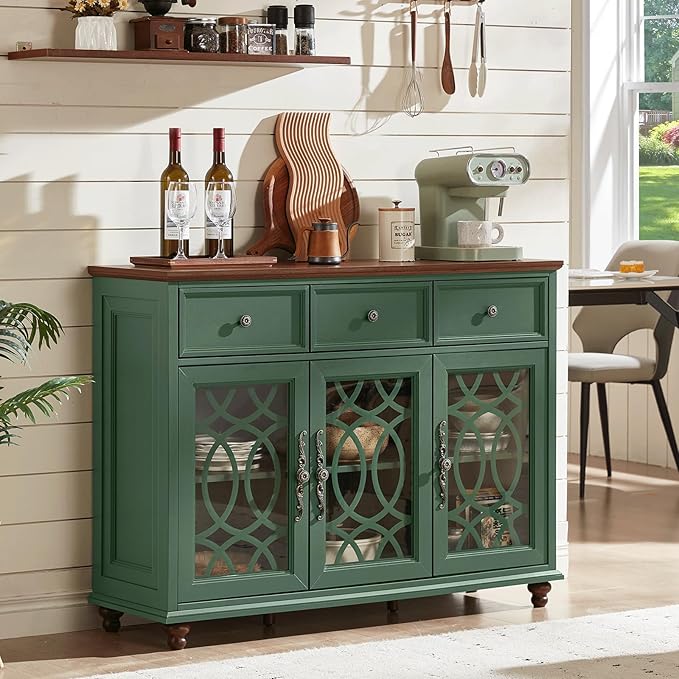 Large Sideboard Buffet Cabinet with Storage,48" Credenza with 3 Glass Doors & 3 Drawers,Adjustable Shelves Coffee Bar,Wood Kitchen Console Table for Dining Room,Living Room,Green