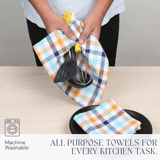 Check Dish Towels 12 Pack, 18"x26", Absorbent Hand Towels for Kitchen Use, Quick Dry Cloths, Durable Washable Rags, Reusable Dishcloth Set - Indigo Blue, Mustard Yellow, Aqua Blue