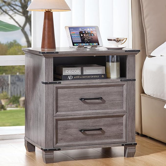22" Nightstand, Farmhouse Nightstand with 2 Drawers,Industrial Bedside Table with Open Shelf for Bedroom Living Room,Office Bed Side Tables Couch End Table,Grey