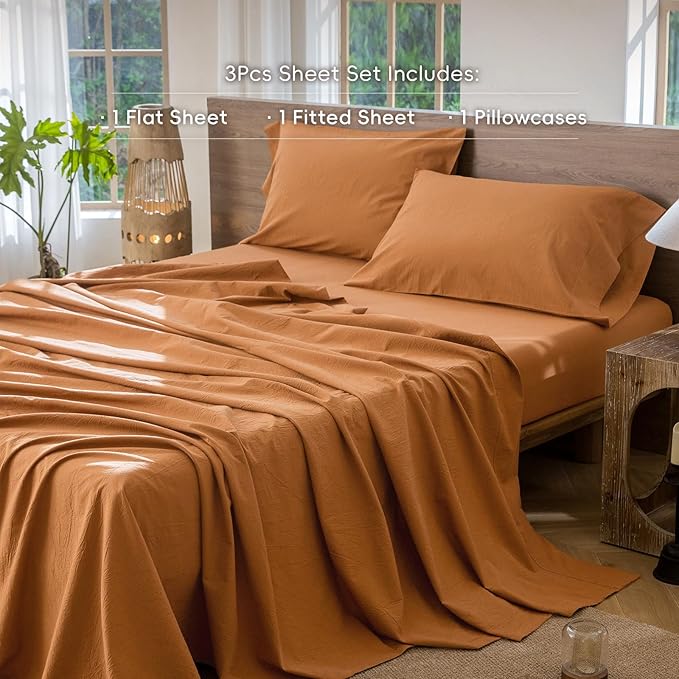 MooMee Bedding Sheet Set 100% Washed Cotton Linen Like Textured Breathable Durable Soft Comfy (Solid Burnt Orange, Twin XL)