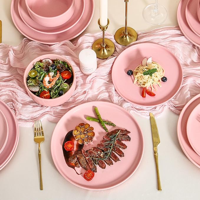 GZG Modern Art Series - 6 Pcs Speckled Stoneware Plates and Bowls Sets, Ceramic Dinnerware Set with Rustic Terracotta Underside, Microwave and Dishwasher Safe Handcrafted Dishes Set - Blush Pink