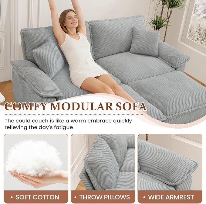Modular Sectional Sofa Cloud Couch, Comfy Corduroy Loveseat with Ottoman Upholstered Deep Seat Sleeper Sofa Bed 2 Seater Couch Oversized Chaise Lounge Chair Indoor for Living Room Bedroom, Grey